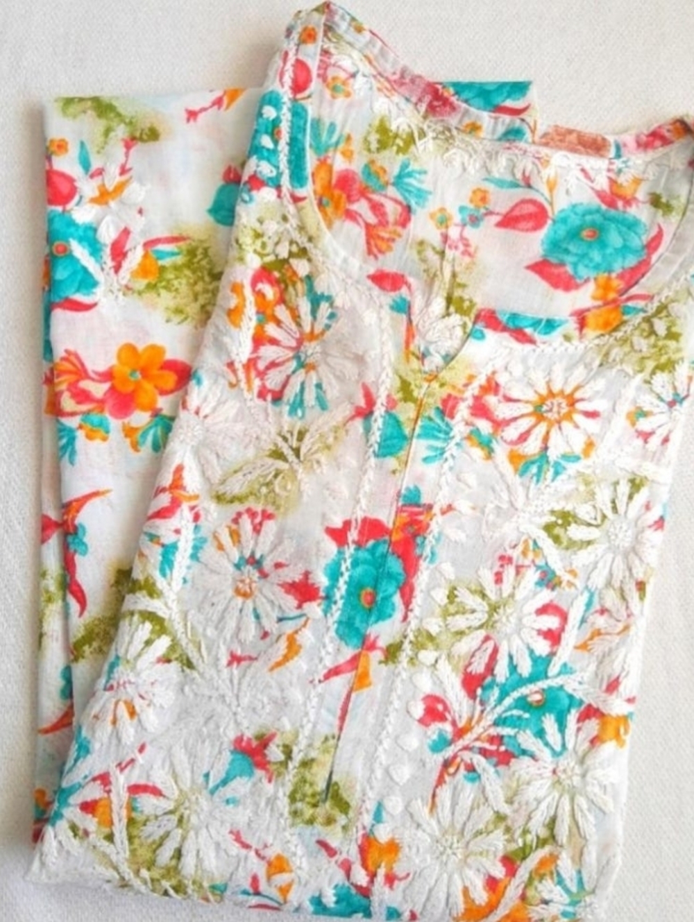 Floral Embroidered White Tunic Top with Teal & Orange Accents